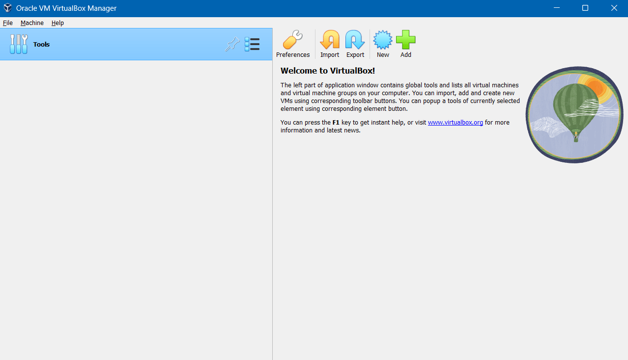 VirtualBox Welcome Screen